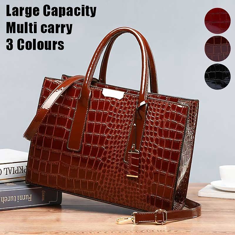 Women's Black Patent Leather Crocodile Pattern Handbag with Shoulder Strap - Elegant Office Tote Bag for Formal Occasions