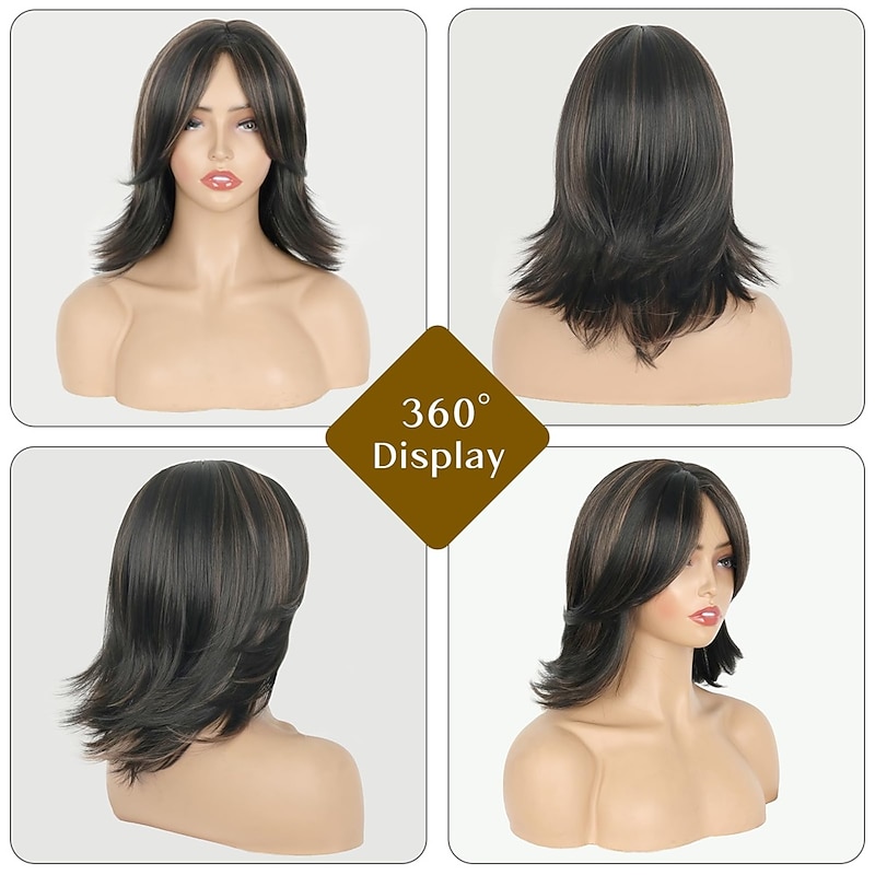 Short Highlight Dark Brown Bob Wig Curly Layered with Curtain Bangs for Black Women,Synthetic Ombre Highlight Blonde Curly Bob Brown Medium Length Wig Wavy Bob Layered Wig for White Women3