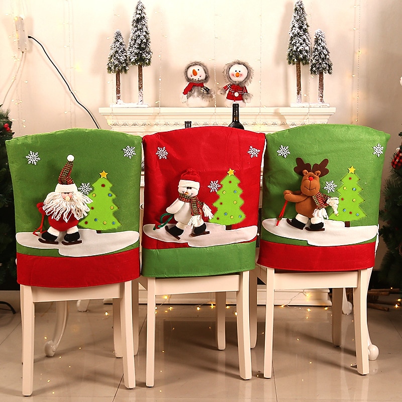 1 Pc Gifts Presents Chair Back Cover for Dining Room, Santa Claus Snowman Reindeer  Dinner Chairs Cover, Chair Slipcover for Kitchen Hotel Holiday Party Decor