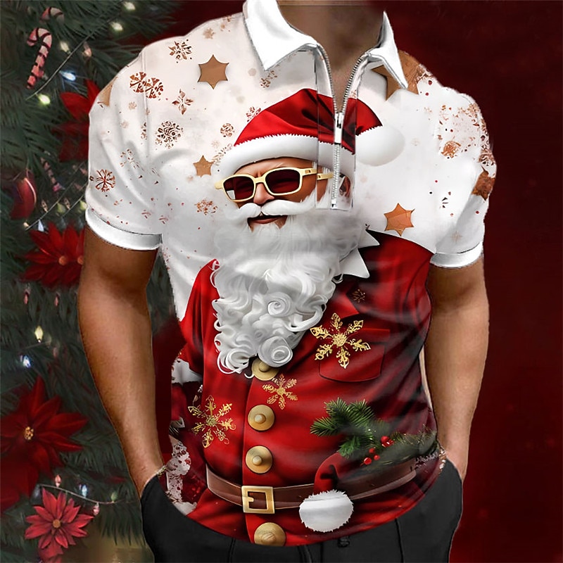 Christmas Men's Santa Claus 3D Zipper Polo Santa Claus Casual Print 3D Zip Golf Outdoor Daily Wear Streetwear Polyester Short Sleeve Turndown Zip Shirts White Gray Autumn / Fall S M L Micro-elastic