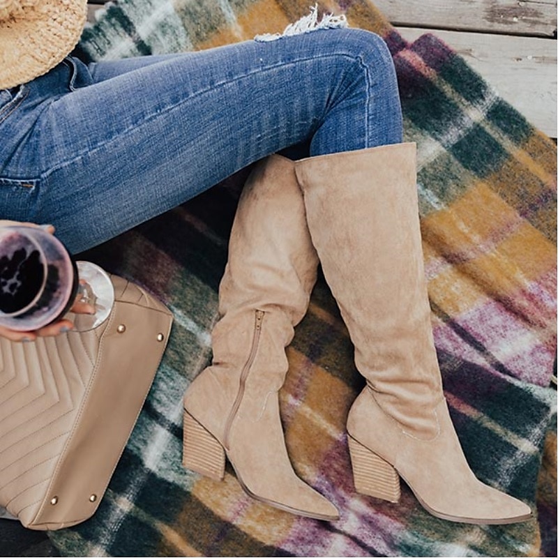 Women's Suede Knee-High Cowboy Boots – Western Style Pointed Toe Slouch Boots with Chunky Heel for Fall and Winter Fashion4