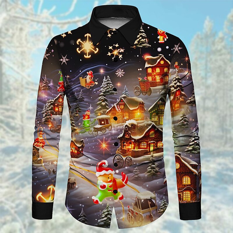 Christmas Men's Christmas Light Printed Shirts Gingerbread Pattern Casual Daily Wear Going out Fall & Winter Turndown Long Sleeve Black, Army Green, Red S, M, L 4-Way Stretch Fabric Christmas4