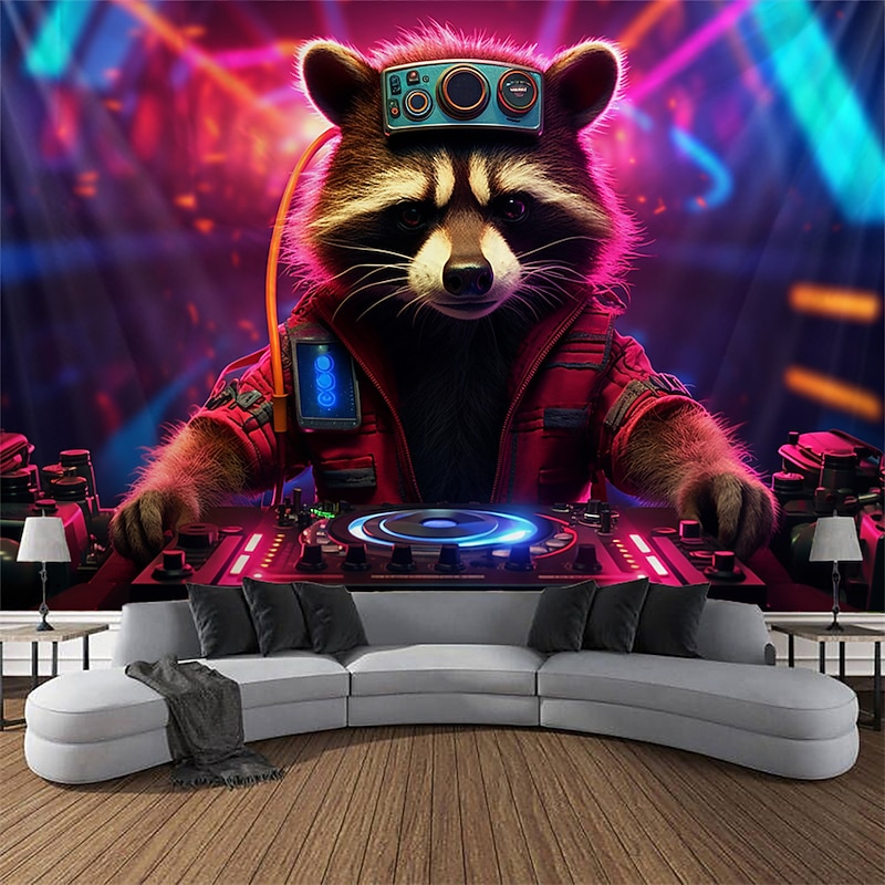 Blacklight Tapestry UV Reactive Glow in the Dark Glow Party Neon Trippy Misty DJ Raccoon Animal Hanging Tapestry Wall Art Mural for Living Room Bedroom3