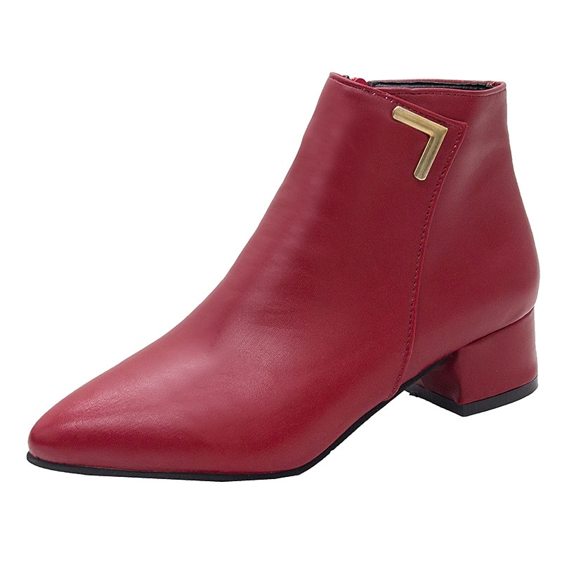 Women's Red Ankle Boots – Pointed Toe Faux Leather Block Heel Booties with Side Zipper for Office, Casual and Fall Winter Outfits2