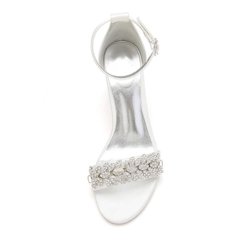 Women's Silver Satin Block Heel Sandals with Rhinestone Embellishments - Elegant Wedding and Evening Prom Shoes4