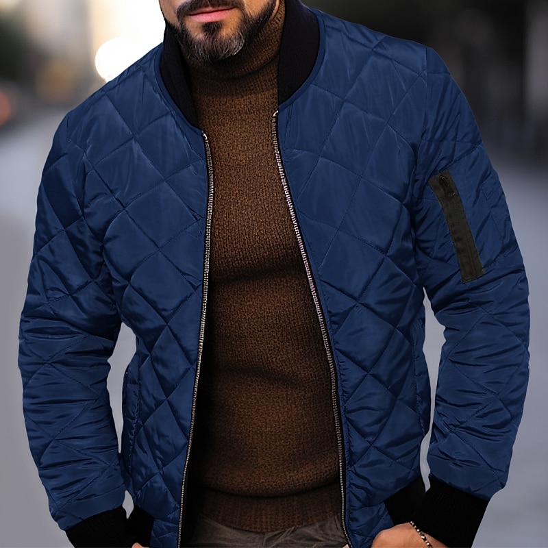 Men's Quilted Jacket Transition Jacket Going out Pocket Spring &  Fall Plain Streetwear Standing Collar Regular Black Wine Blue Red Army Green Jacket2