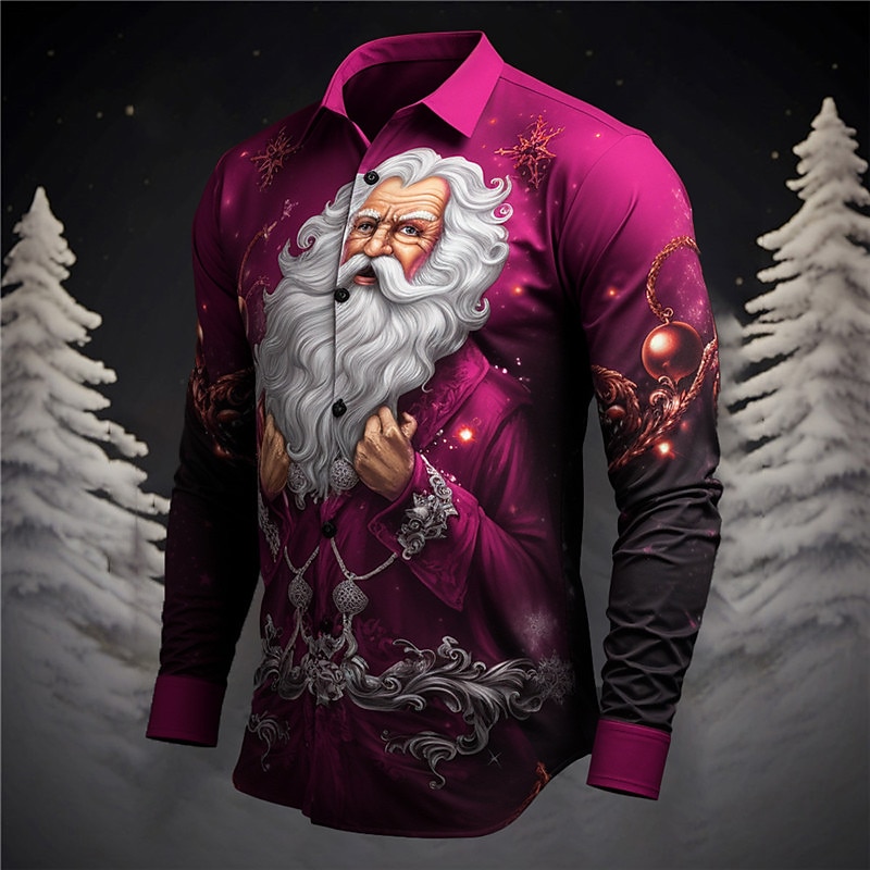 Christmas Men's Santa Claus Printed Shirts Santa Claus Casual Daily Wear Going out Fall & Winter Turndown Long Sleeve Gray+Purple, Yellow, Burgundy S, M, L 4-Way Stretch Fabric Shirt2