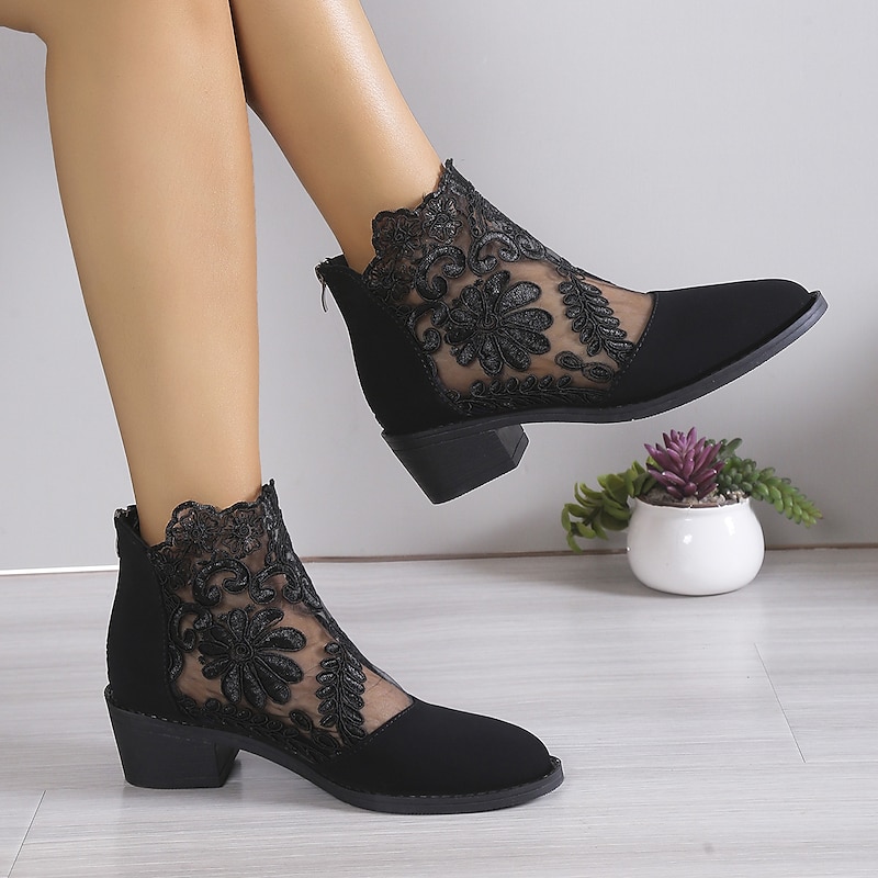 Women's Black Lace Ankle Boots with Floral Mesh Design and Low Block Heel - Elegant Footwear for Casual and Dressy Occasions4
