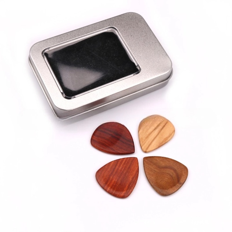 4Pcs Wooden Guitar Picks with Iron Storage Box Solid Wood Guitar Picks