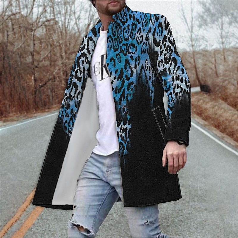 Men's Leopard Graphic Prints Winter Coat Overcoat Coat Warm Comfortable Breathable Fashion Streetwear Business Work Wear to work Going out Pocket Print Fall & Winter Turndown Long Sleeve Yellow Blue2