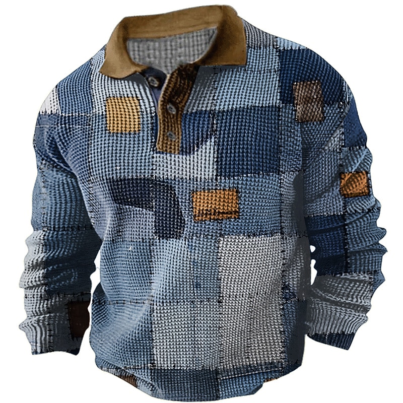 Men's Plaid Golf Shirt Long Sleeve Polo Shirts Collared Shirts Vintage Casual Vacation Wear Formal Wear Festival Wear Buttons 3D Print Fall & Winter Blue Khaki Light Blue