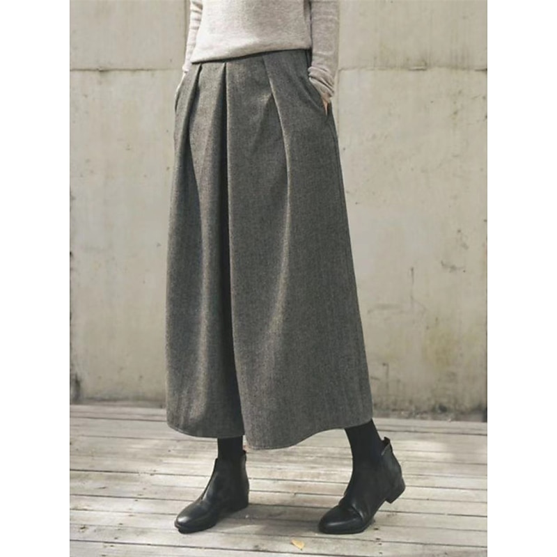 Women's Wide Leg Cropped Pants Fashion Streetwear Ankle-Length High Waist Plain Pleated High Cut Comfort Breathability Soft Micro-elastic Vacation Street Daily Dark-Gray Black Fall Winter2