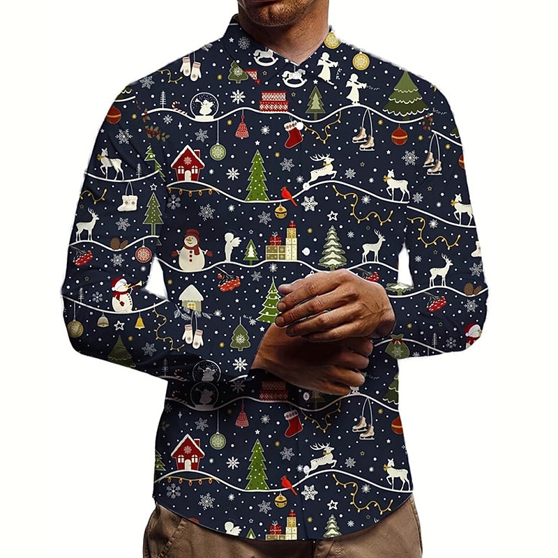 Christmas Tree Casual Men's Shirt Daily Wear Going out Fall & Winter Turndown Long Sleeve Dark Navy S, M, L 4-Way Stretch Fabric Shirt