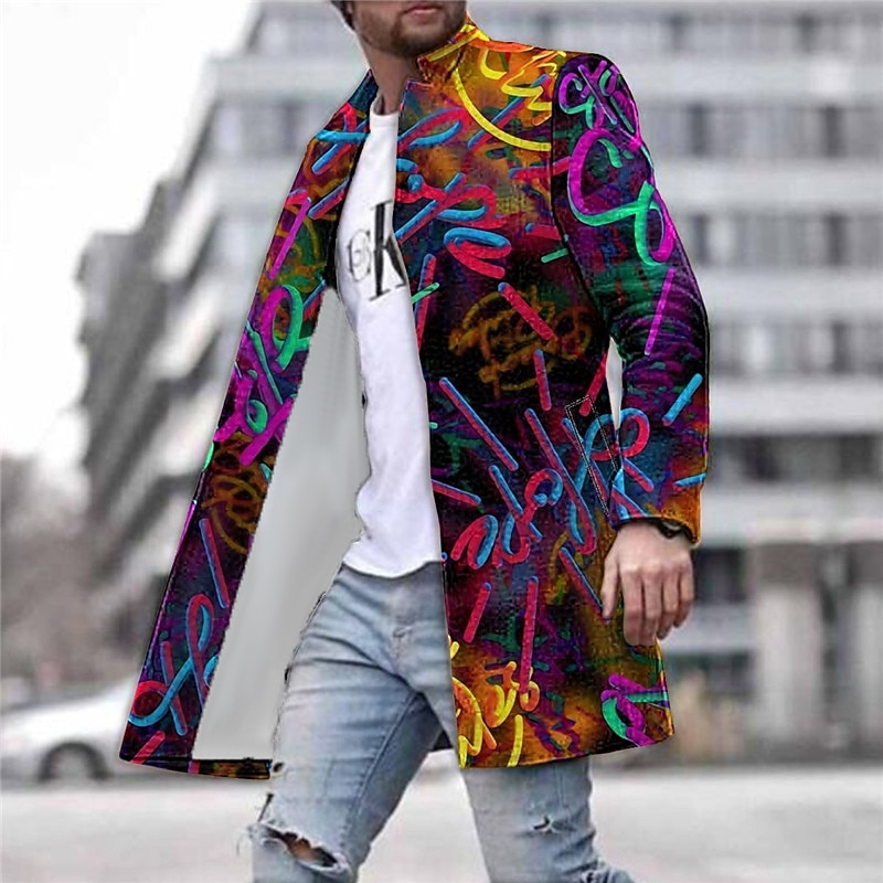 Men's Graphic Prints Graffiti Winter Coat Overcoat Coat Warm Comfortable Breathable Fashion Streetwear Business Work Wear to work Going out Pocket Print Fall & Winter Turndown Long Sleeve Yellow3
