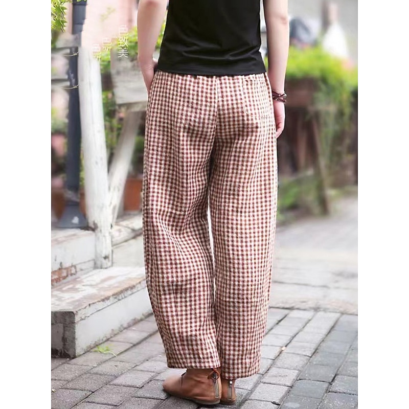 Women's Wide Leg Pants Trousers Linen Cotton Blend Plaid High Waist Full Length Black Fall4