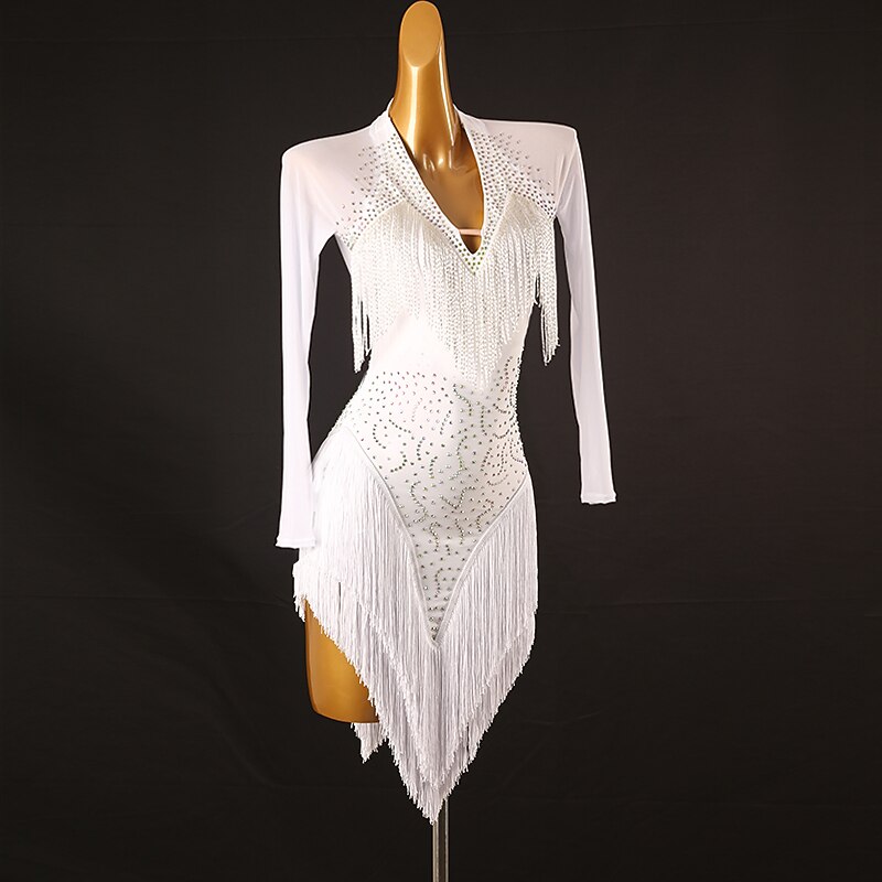 Dance Salsa Latin Dance Dress Rhinestone Tassel Women's Performance Training Long Sleeve High Spandex Tulle3