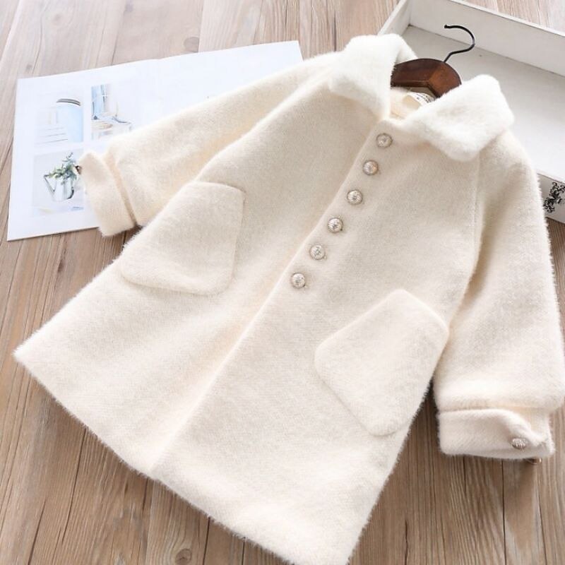 Kids Girls' Woolen Coat Long Sleeve White Yellow Pink Solid Color Button Spring Fall Active School 7-13 Years4