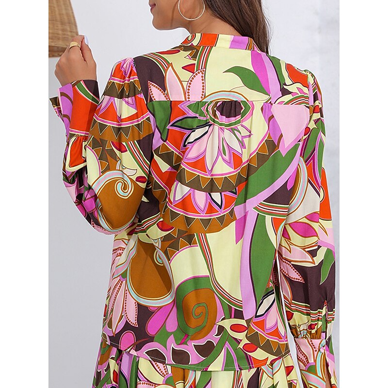 Tencel Color Block Floral V Neck Shirt Blouse4