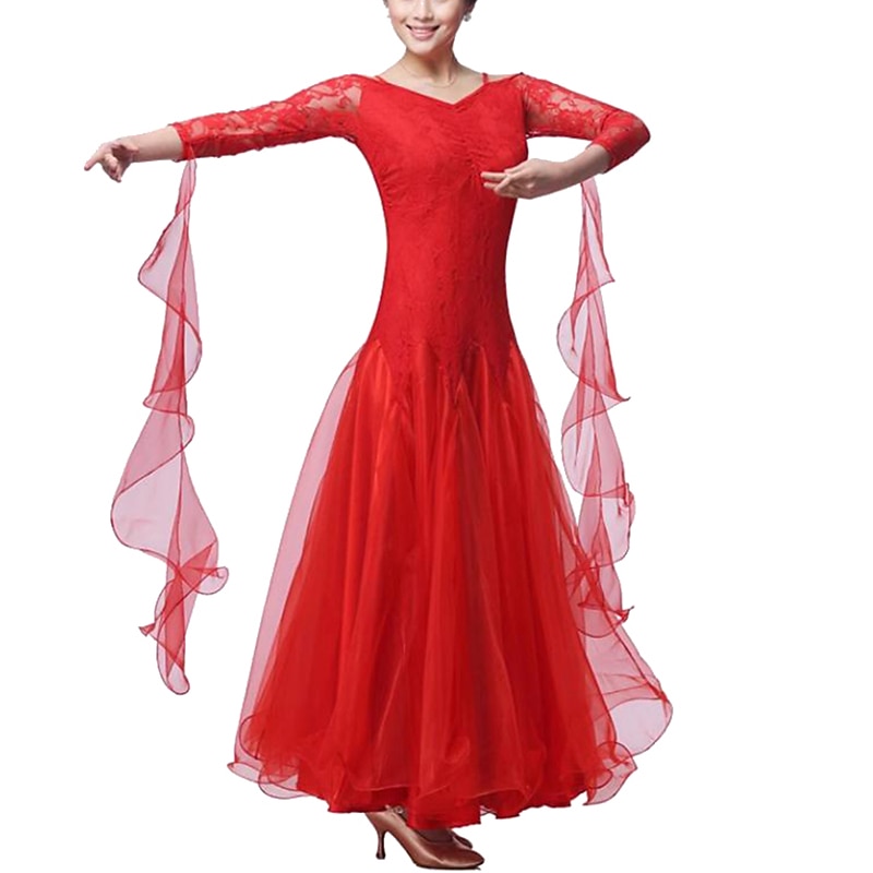 Ballroom Dance Dress Lace Pure Color Splicing Women's Performance Party Modern Waltz Dance Costumes4