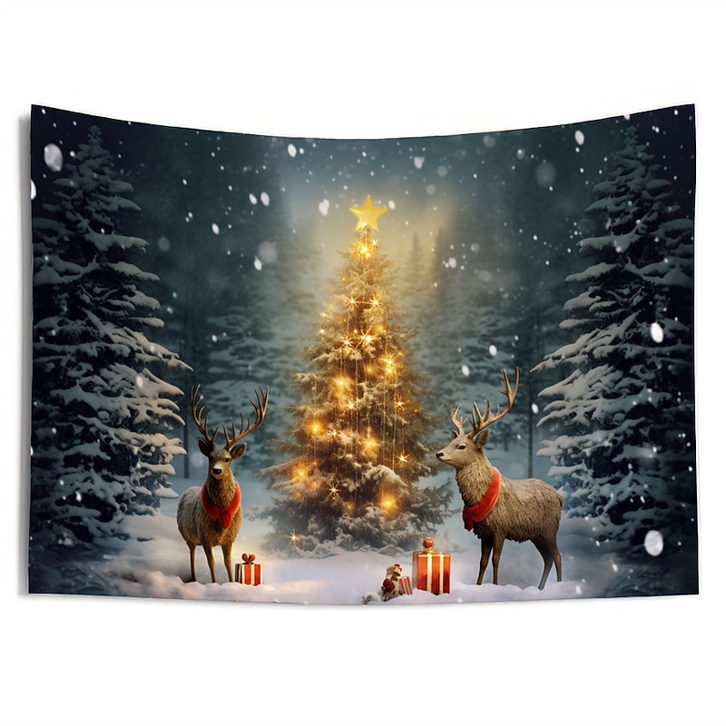 Christmas Decorations Snow Tree Reindeers Hanging Tapestry Wall Art Xmas Large Tapestry Mural Decor Photograph Backdrop Blanket Curtain Home Bedroom Living Room Decoration3