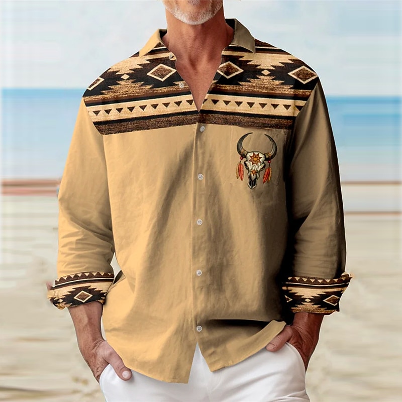 Men's Tribal Bandana Print Shirt Button Up Shirt Long Sleeve Vintage Tribal Daily Wear Going out Weekend Fall & Winter Turndown Print Button-Down Green Khaki4