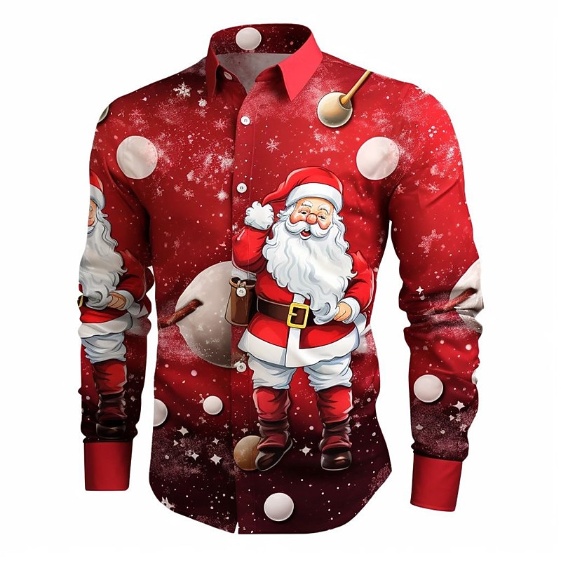 Christmas Men's Santa Claus Printed Shirts Santa Claus Casual Daily Wear Going out Fall & Winter Turndown Long Sleeve Dark Red, White, Red S, M, L 4-Way Stretch Fabric Shirt3