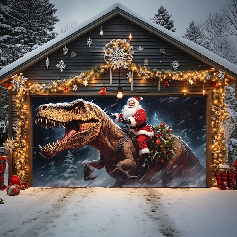 Christmas Door Decorations Outdoor Garage Door Cover Santa Riding Dinosaur Curtain Xmas Door Banner Party Large Door Mural Backdrop Decoration forHoliday Home Wall Decorations