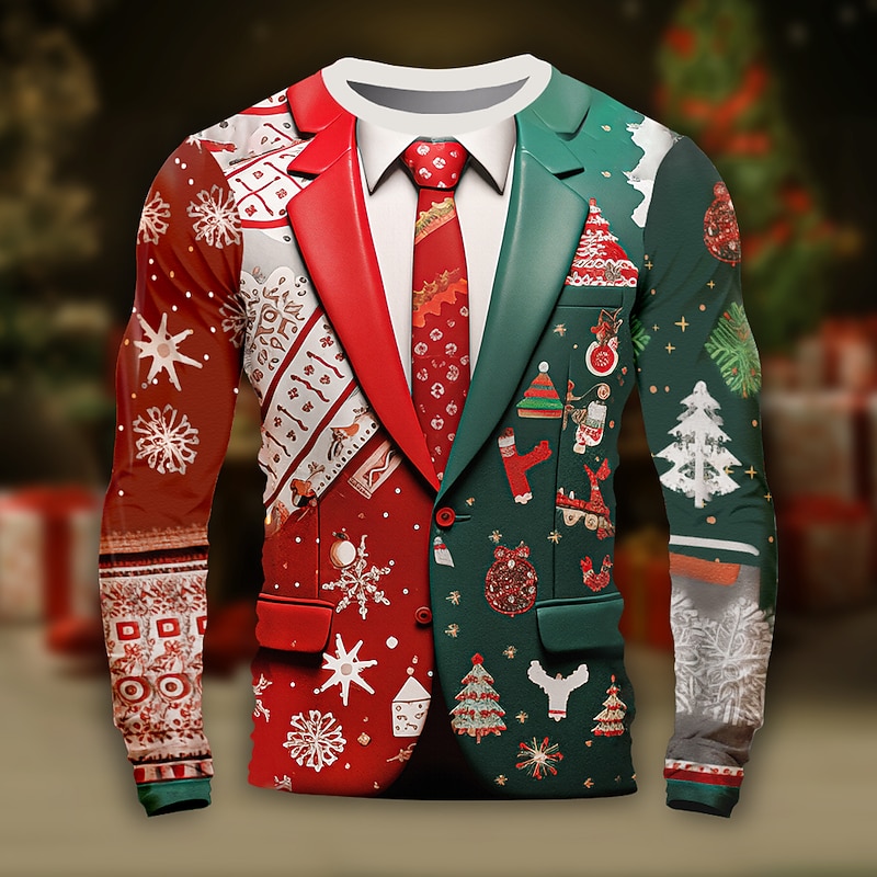 Christmas Men's Christmas Tree Snowflake Christmas Pattern T Shirt Funny T Shirts Long Sleeve T shirt 3D Print Crew Neck Shirt Daily Outdoor Casual Party Casual Holiday Red Spring &  Fall Clothing
