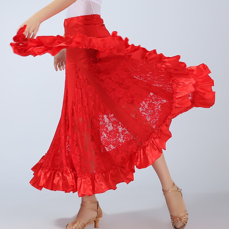 Ballroom Dance Skirts Lace Pure Color Ruffle Women's Performance Training High Polyester3