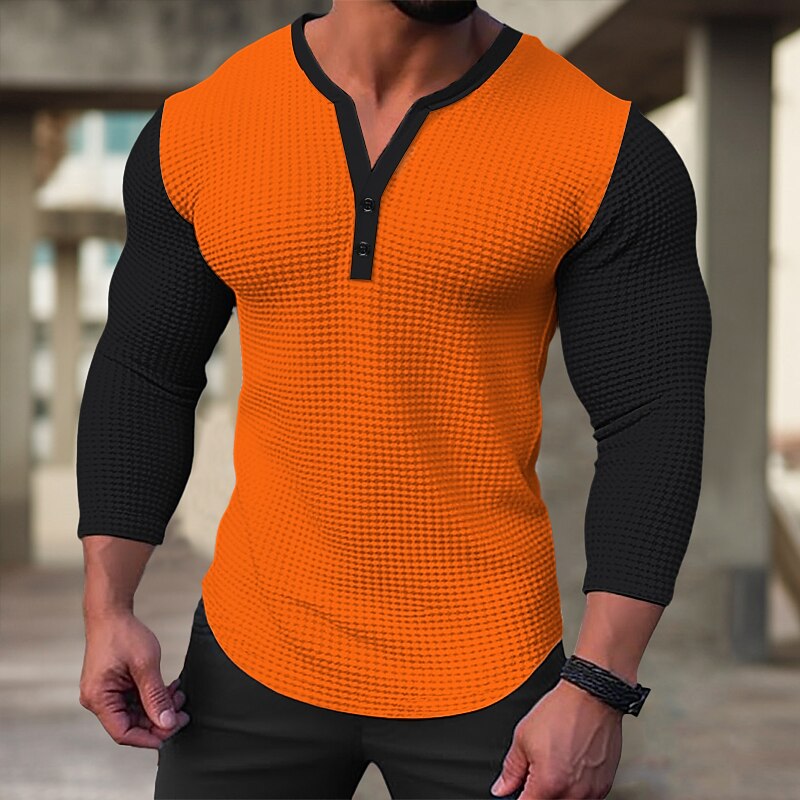 Men's Waffle Tee Waffle Shirt Button T Shirt T Shirt Long Sleeve Henley Spring &  Fall Color Block Fashion Designer Basic Patchwork Vacation Street Going out Black White Blue Top Tee for Men4