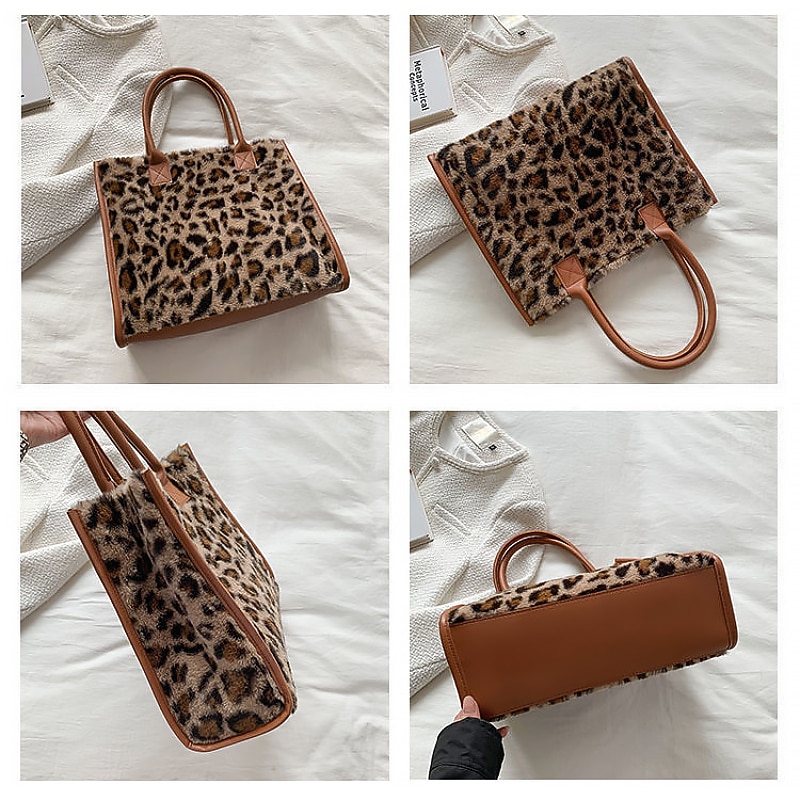 Women's Leopard Print Faux Fur Tote Bag with Brown Leather Handles - Stylish and Spacious for Daily Use3