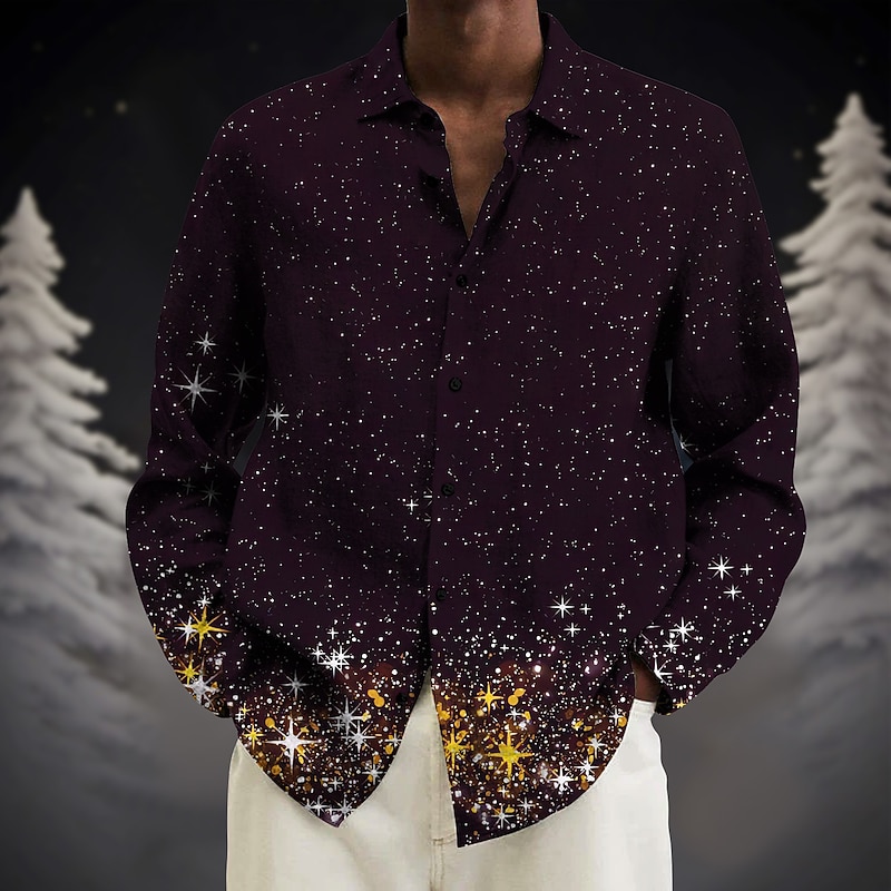 Christmas Men's Lanterns Shirt Button Up Shirt Long Sleeve Casual Daily Wear Going out Weekend Turndown Button-Down Gray+Purple Burgundy Blue Gold Rainbow4