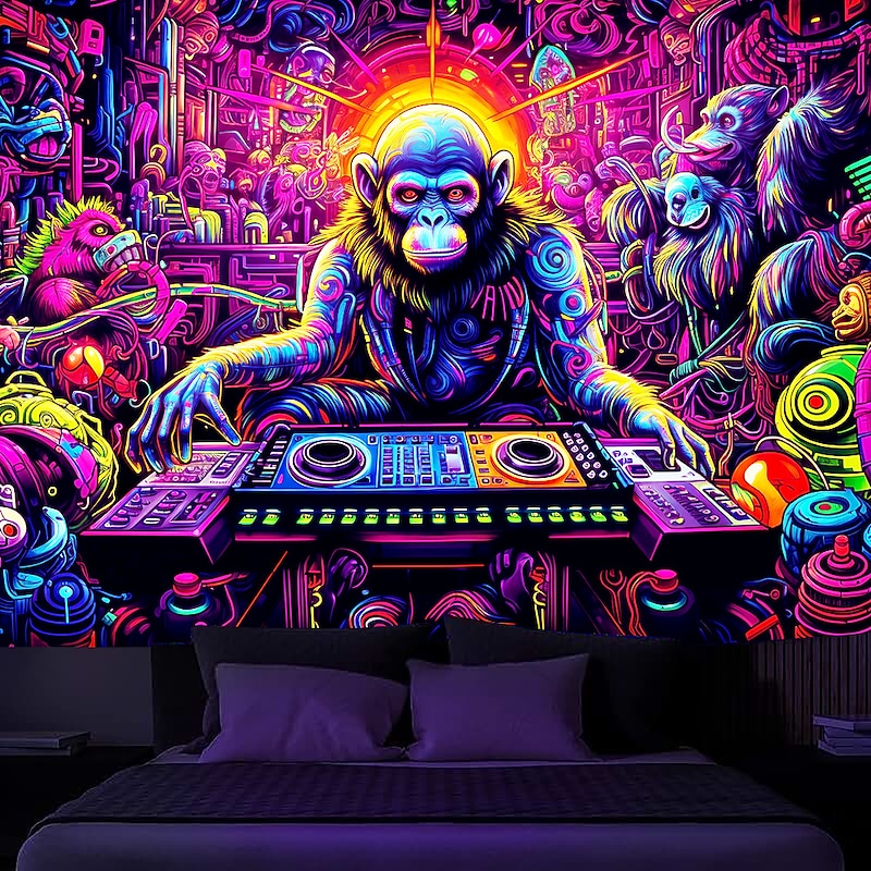 Blacklight Tapestry UV Reactive Glow in the Dark DJ Chimpanzees Animal Trippy Misty Nature Landscape Glow Party Hanging Tapestry Wall Art Mural for Living Room Bedroom