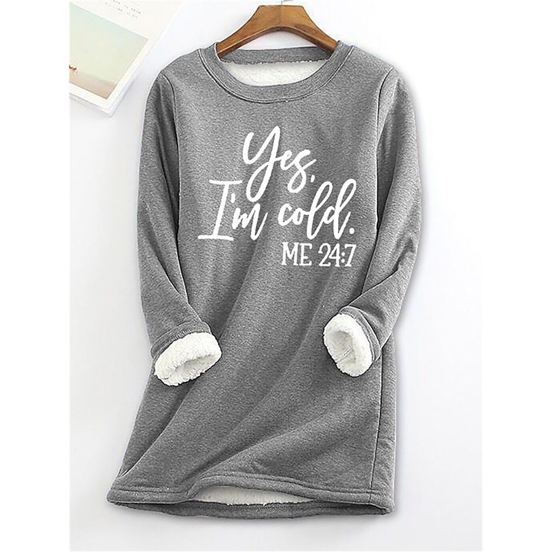 Women's Fleece Lined Pullover Sweatshirt Pajamas Yes Im Cold Letter Warm Comfort Soft Long Sleeve Crew Neck Home Daily Bed Gray Fall Winter2