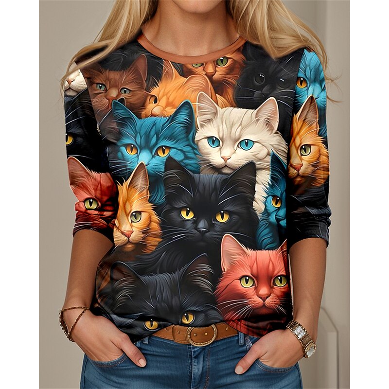 Women's T shirt Crew Neck Long Sleeve Tunic Cat 3D Funny Round Neck Regular Tops Daily Weekend Print Black Blue Spring & Fall2