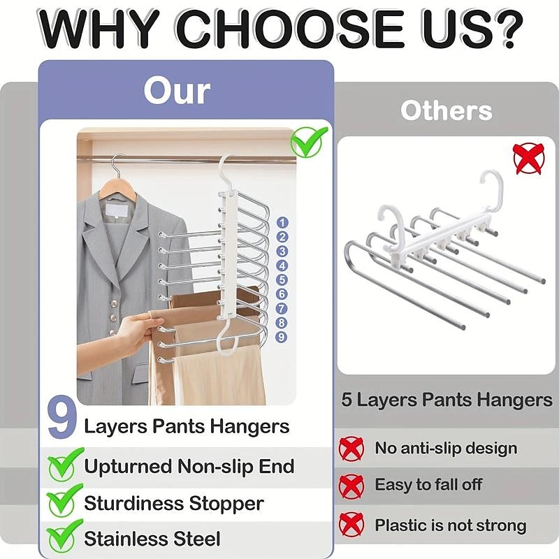 1pc Upgrade 9 Layers Pants Hangers, Space Saving Pant Jean Hangers, Non Slip Multifunctional Pants Rack, Closet Organization For Pants Jeans Leggings Trousers Skirts2