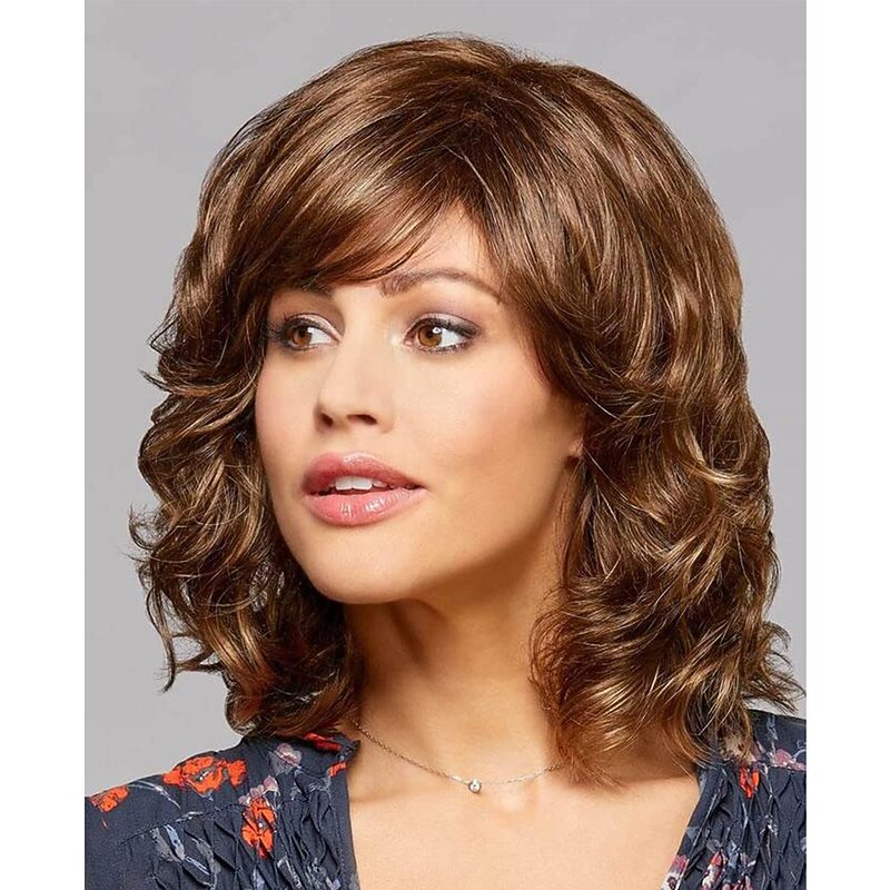 Brown Wavy Wigs for White Women Medium Length Curly Wigs Natural Looking Synthetic Hair Short Brown Womens Wigs