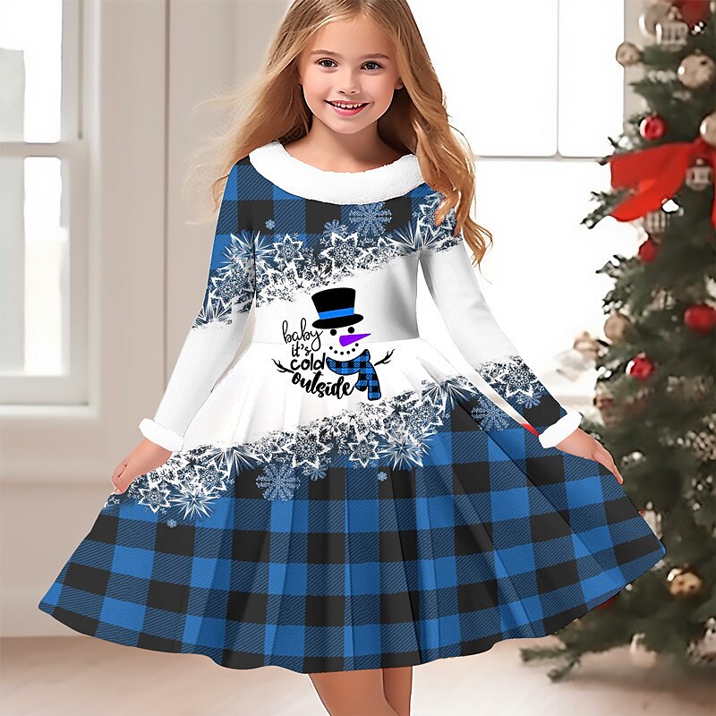 Girls' 3D Plaid Snowman Snowflake Dress Snowflake Dress Long Sleeve 3D Print Fall Winter Vacation Sports & Outdoor Daily Cute Casual Beautiful Kids 3-12 Years Casual Dress Swing Dress A Line Dress3