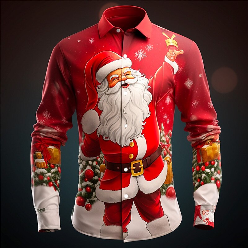 Christmas Men's Santa Claus Printed Shirts Santa Claus Casual Daily Wear Going out Fall & Winter Turndown Long Sleeve White, Army Green, Red S, M, L 4-Way Stretch Fabric Shirt4