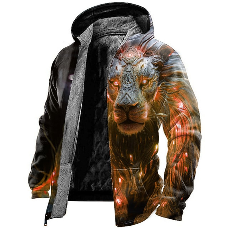 Men's Animal Lion Graphic Prints Hoodie Hoodies Sweatshirt Daily Classic Long Sleeve Hooded Vacation Holiday Going out Red Blue Fleece Winter Designer2
