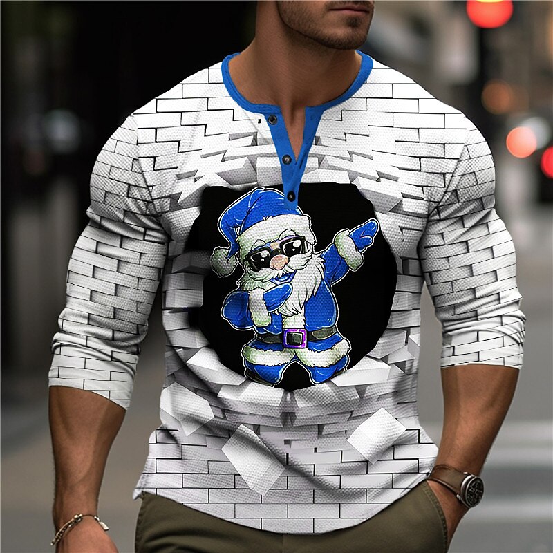 Christmas Men's Santa Claus Henley T Shirt Graphic Santa Claus Geometic Fashion Designer Casual 3D Print Henley Waffle Sports Outdoor Holiday Festival Red Blue Orange Long Sleeve Henley Spring3