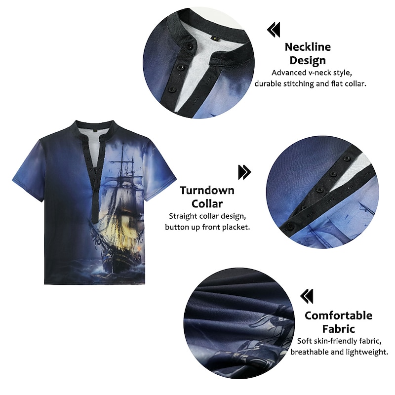 Men's Graphic Ship Henley Shirt Short Sleeve 3D Print Fashion Casual Comfortable Outdoor Daily Going out Summer Dark Brown Pink Red Navy Blue Blue Henley Henley T-Shirt2