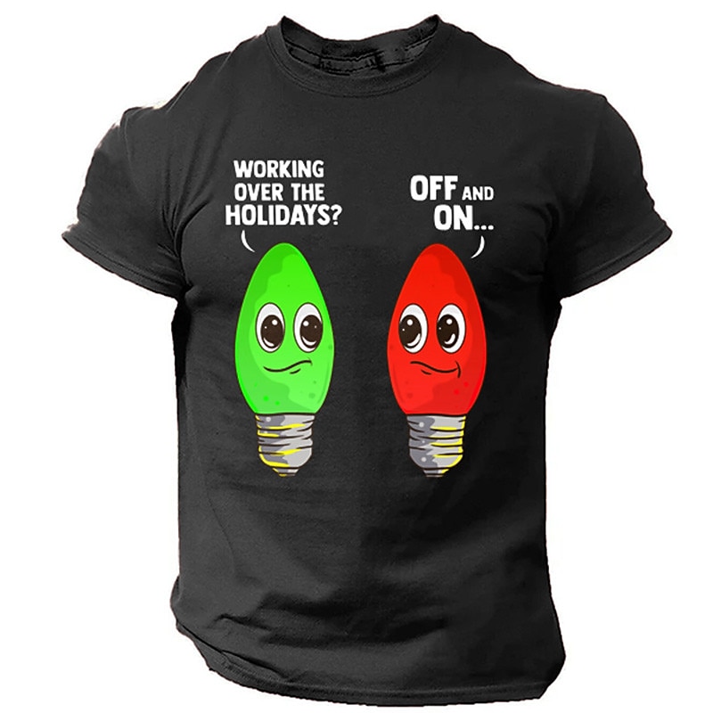 Men's Short Sleeve Graphic T-Shirt, Funny Holiday Work 'Off and On' Light Bulb Pun