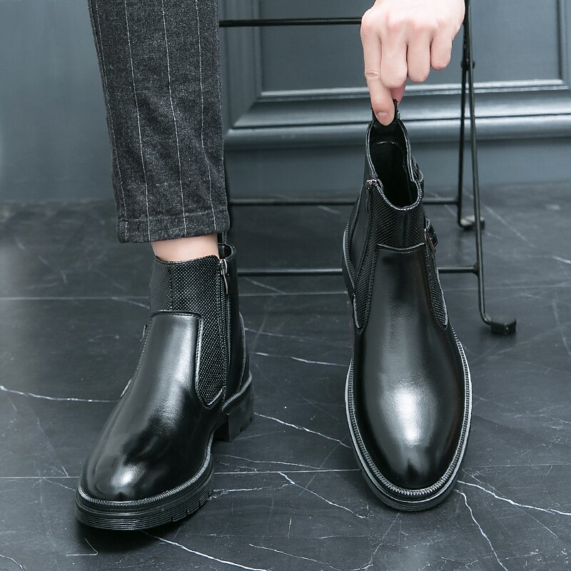 Men's Navy Blue Faux Leather Chelsea Boots, Double Buckle Ankle Boots with Elastic Side for Stylish Durable Wear 6