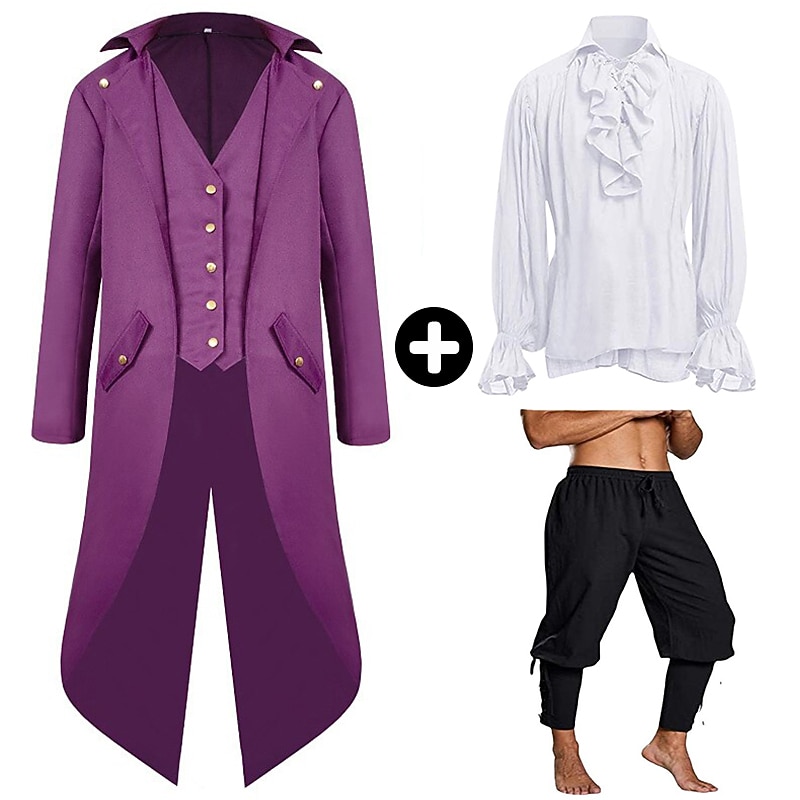 Sets with Tuxedo Tailcoat Ruffle Shirt Pirate Pants 3 PCS Medieval Renaissance 18th 17th Century Viking Pirate Outfits Men's Performance Stage Carnival  Cosplay Costume