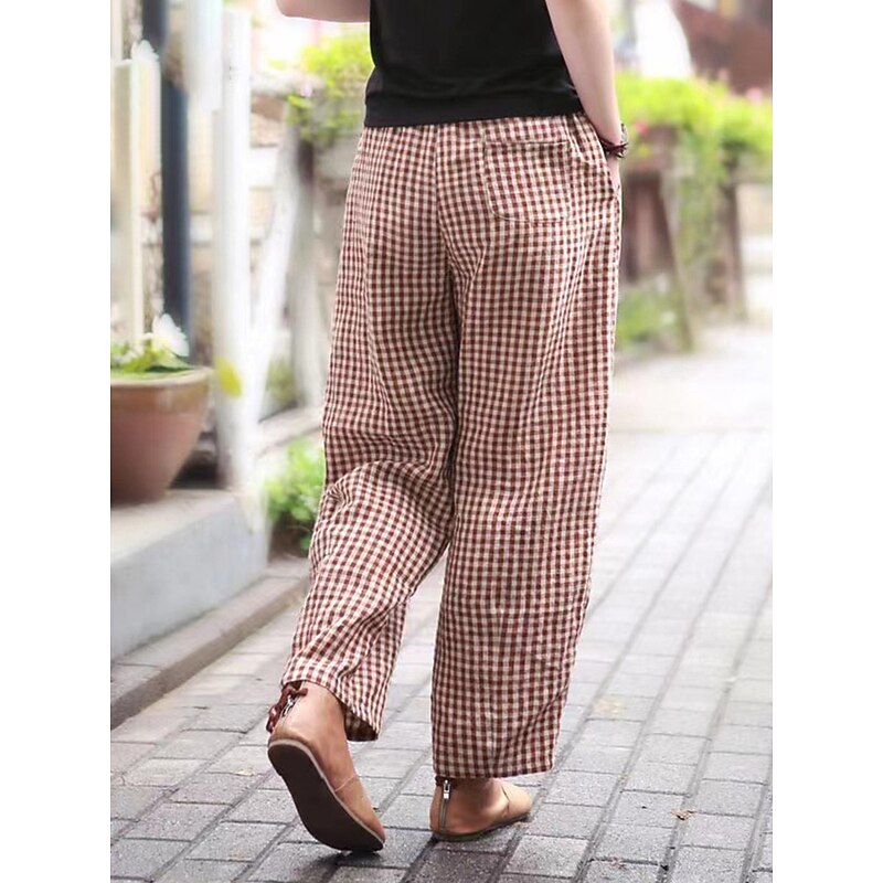 Women's Wide Leg Pants Trousers Linen Cotton Blend Plaid High Waist Full Length Black Fall2