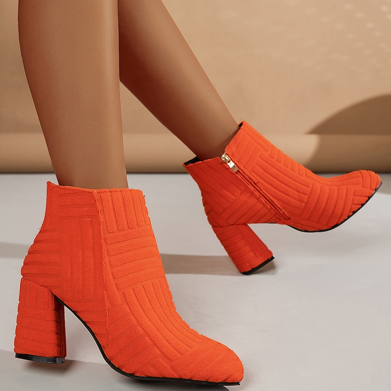Women's Orange Textured Ankle Boots with Block Heels and Side Zipper – Modern Statement Shoes for Parties and Casual Outfits2