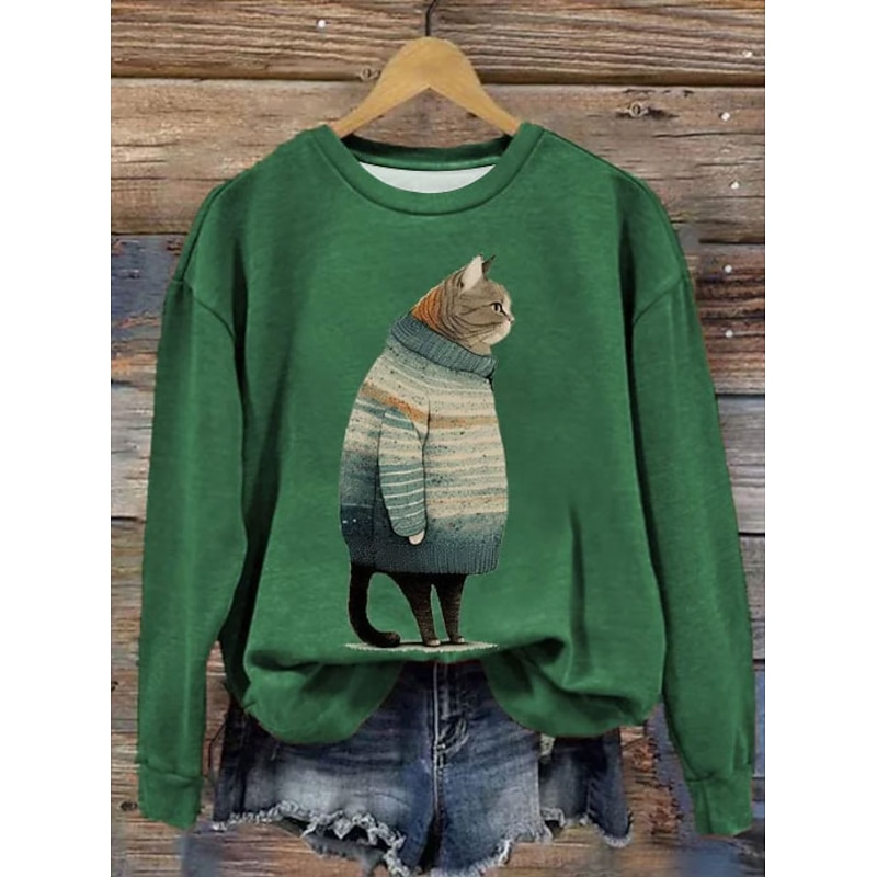 Women's Sweatshirt Pullover Cat Casual Sports Print Active Sportswear Round Neck Long Sleeve Top Micro-elastic Fall & Winter Comfrt Breathable Soft Fabric