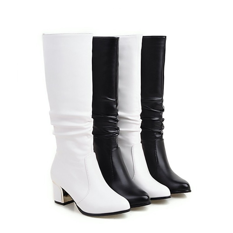 Women's White Mid-Calf Block Heel Boots with Retro Style and Ruched Design - Perfect for Winter Fashion and Daily Wear4