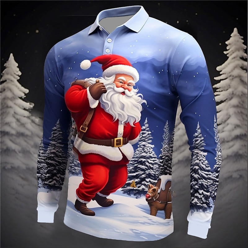 Christmas Men's Santa Claus 3D Polo Santa Claus Casual Print 3D Golf Outdoor Casual Daily Streetwear Polyester Long Sleeve Turndown Shirts Blue Sky Blue Fall & Winter S M L Micro-elastic Lapel Polo